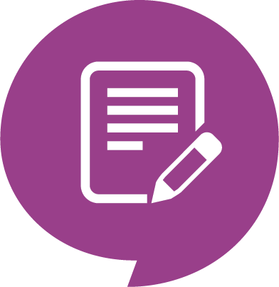 Graphic of a letter and pencil in a purple bubble
