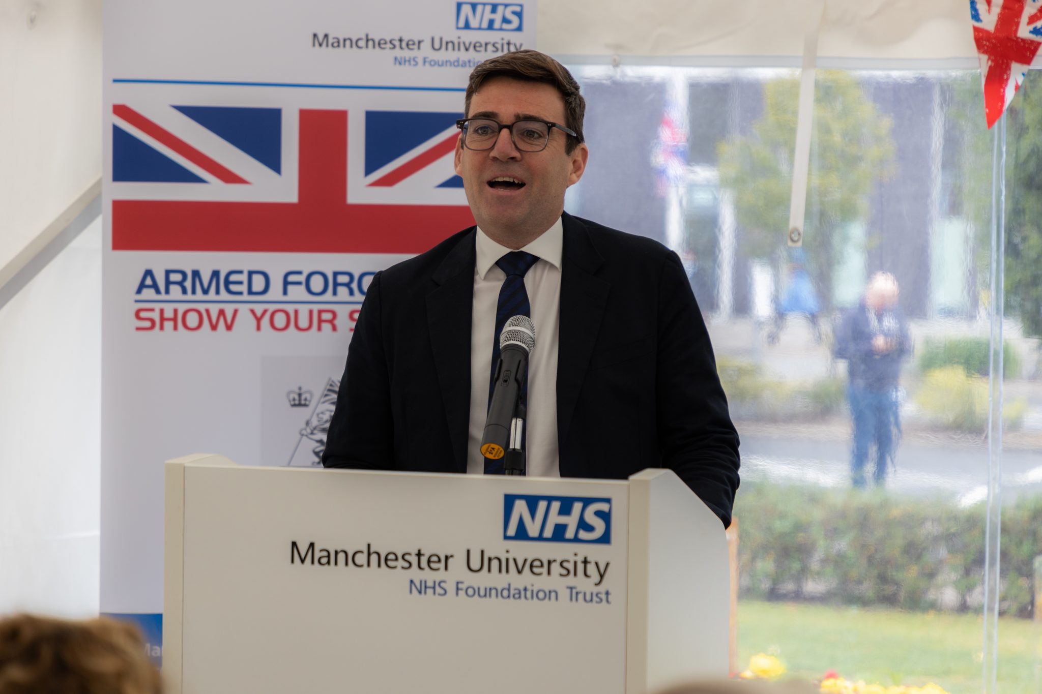 Mayor of Greater Manchester Andy Burnham speaks at the MFT armed forces event